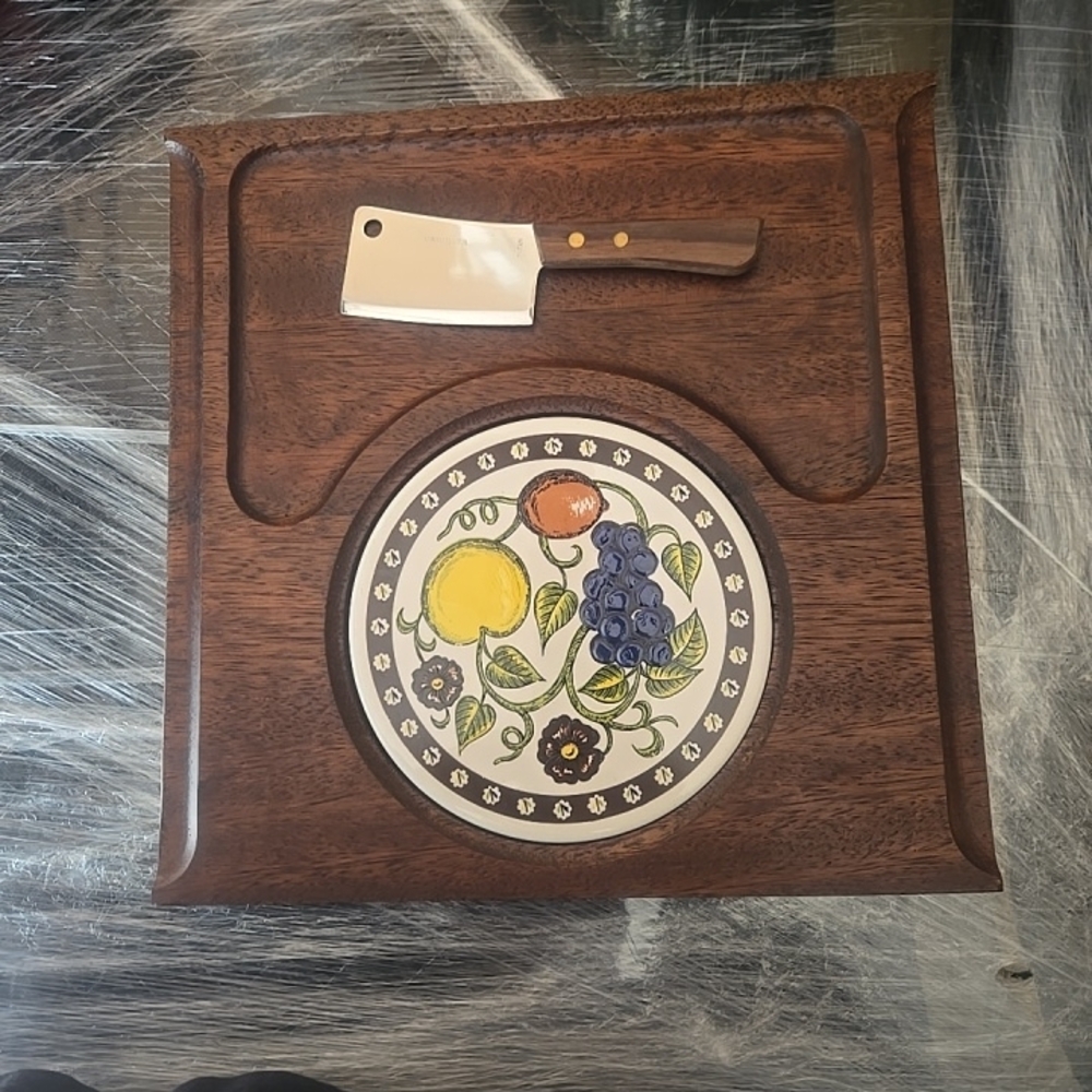Wooden Cutting Board with Ceramic Inlay and Cleaver